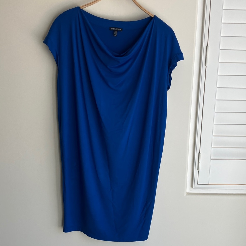 EILEEN FISHER Drape Front Cobalt Blue Midi Dress Viscose Jersey Size Small